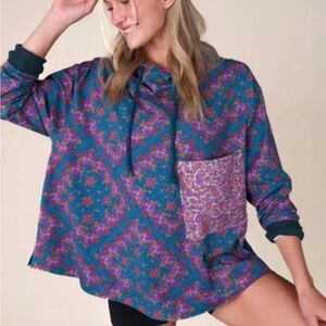 NATURAL LIFE Teal Floral Hooded Sweatshirt with Contrast Pocket